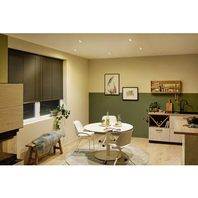 Ein stilvoll eingerichtetes Esszimmer mit einem runden Tisch und vier Stühlen. An der Wand hängen Bilder, Pflanzen stehen auf Fensterbank und Boden.