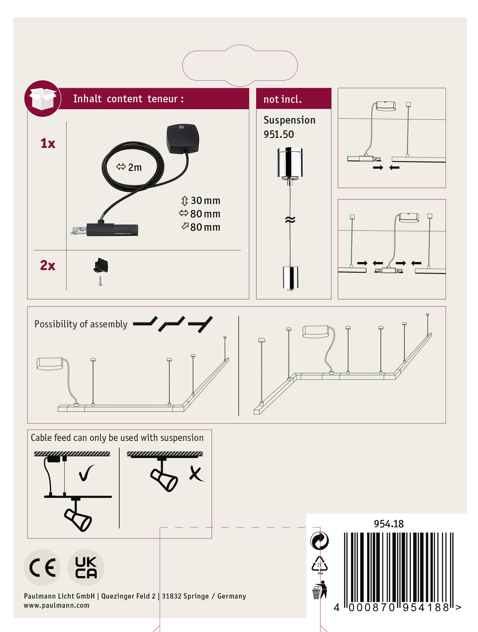 'Inhalt: 2x Kabel 2m, 2x anderes Teil. Möglichkeit der Montage mit Kabelaufhängung. Verpackungsdesign zeigt Produktinformationen und Montagehinweise.'