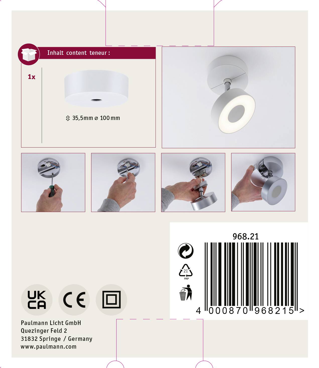 'Produktverpackung für eine Deckenleuchte. Enthält Bilder zur Installation. Marken- und Adressinformationen unten links.'