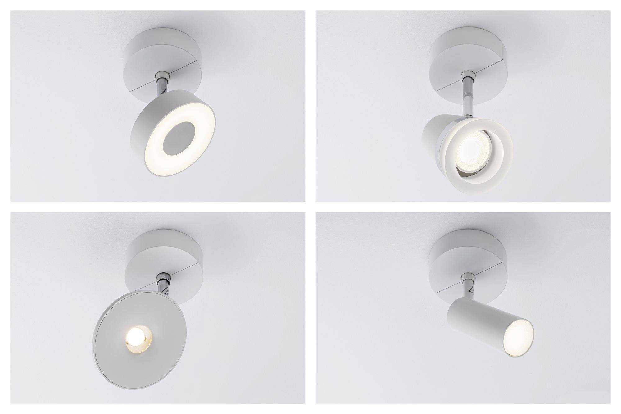 Vier deckenmontierte, moderne LED-Leuchten mit unterschiedlichen Designs: rund, zylindrisch und schwenkbar, in einem hellen Raum.