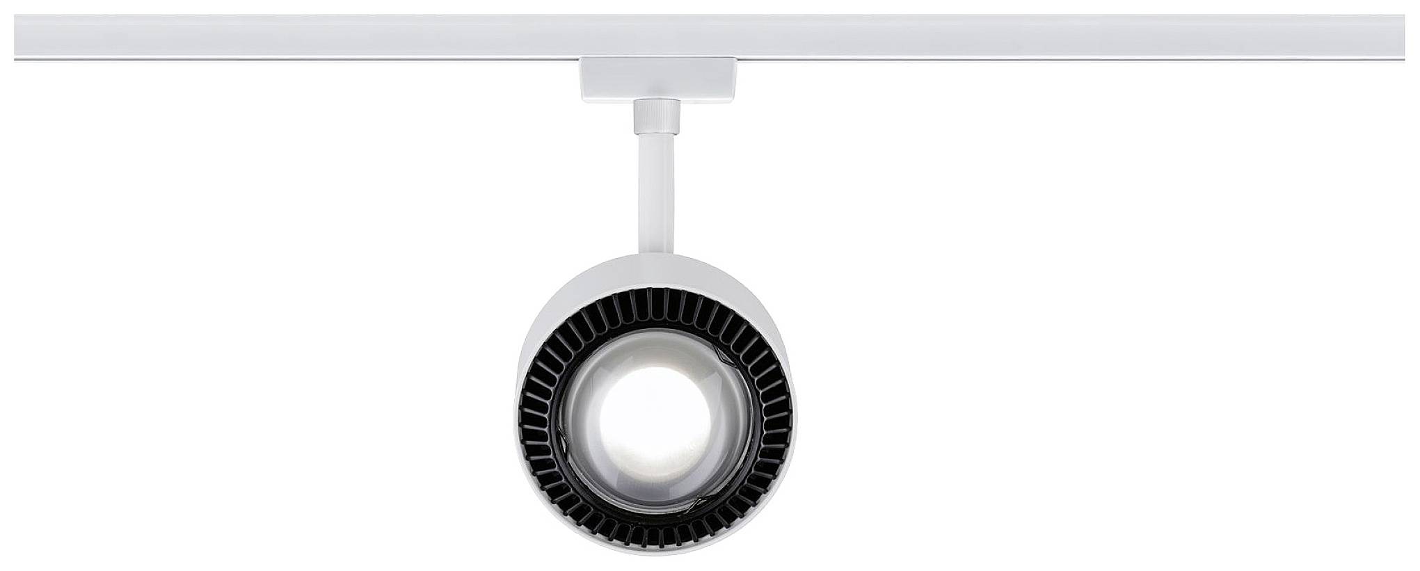 Einzelner runder LED-Strahler an einer Schiene montiert, mit einem Fokus auf das moderne, minimalistische Design.