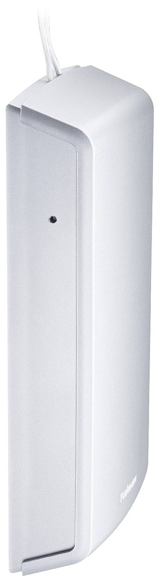 Ein weißer Wandsensor mit rechteckigem, schmalem Design, Kabelanschluss oben, möglicherweise für Temperatur- oder Sicherheitsmessung.