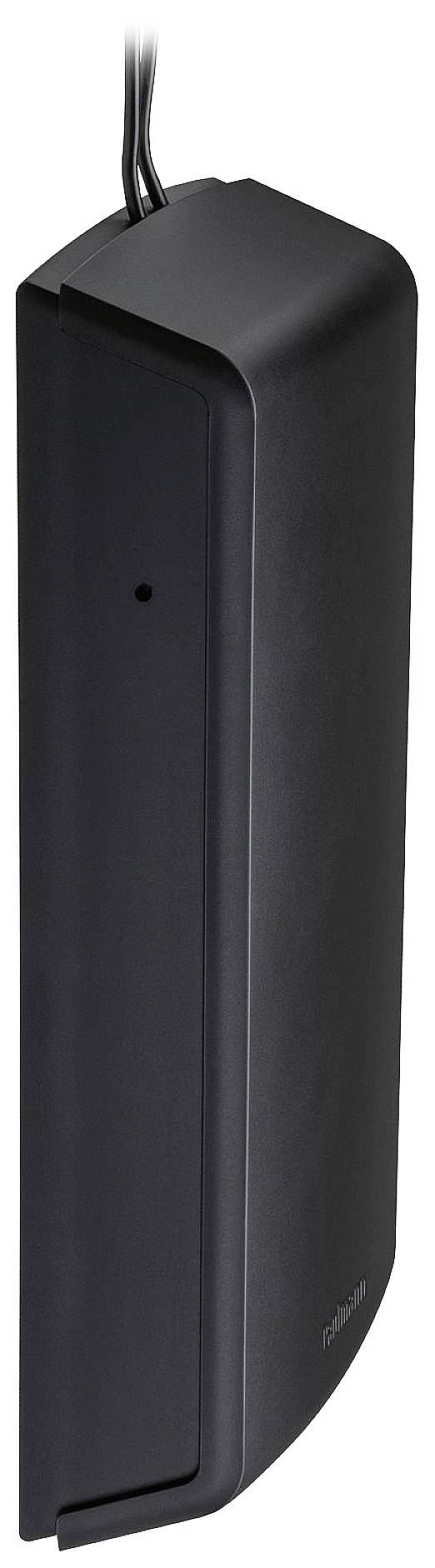 Schwarzer, rechteckiger Sensor, vertikal an einer Wand montiert, mit dünnem Kabel an der Oberseite.