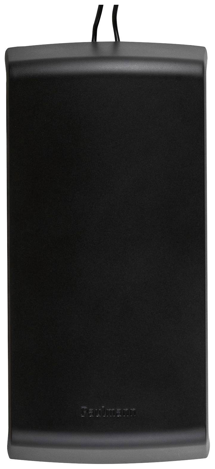 Schwarzes rechteckiges Gehäuse mit abgerundeten Ecken und Kabel an der Oberseite. Unterseite mit Aufschrift 'Technisat'.