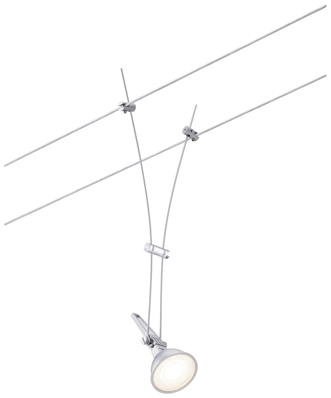 Hängelampe mit schlichtem, modernen Design; montiert an zwei parallel verlaufenden Drähten; beleuchtet Raum direkt darunter.