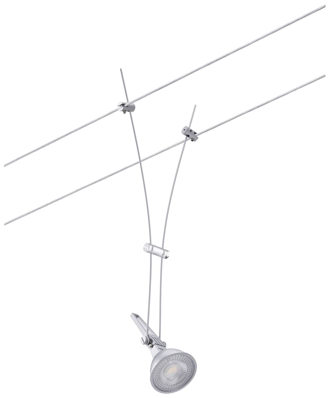 Silbernes Seilsystem mit einem verstellbaren Strahler, der an zwei parallel verlaufenden Seilen befestigt ist. Modernes Beleuchtungselement.