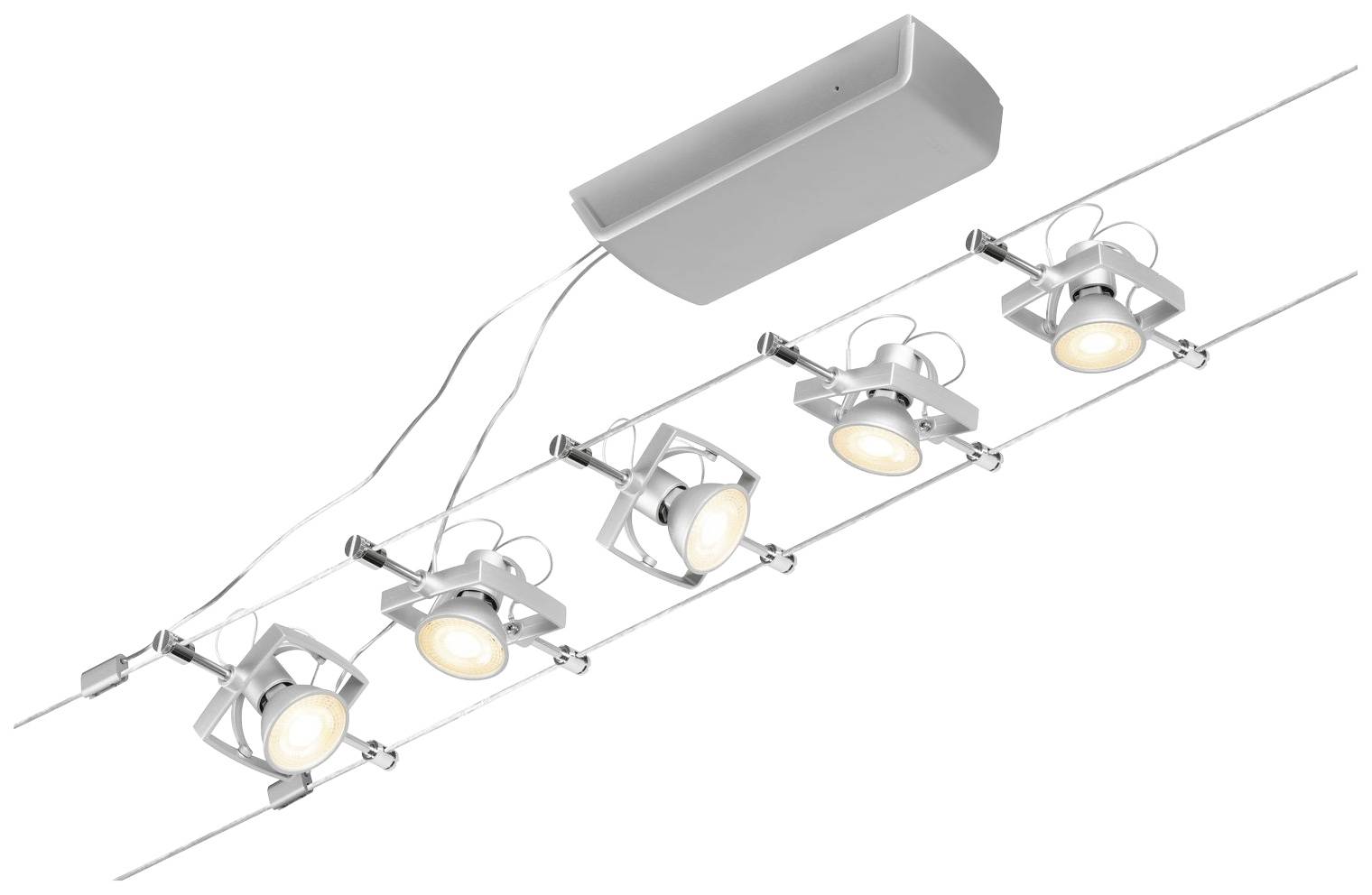 Deckenleuchte mit fünf verstellbaren Spots in modernem, silbernem Design. Geeignet zur Beleuchtung von Innenräumen.