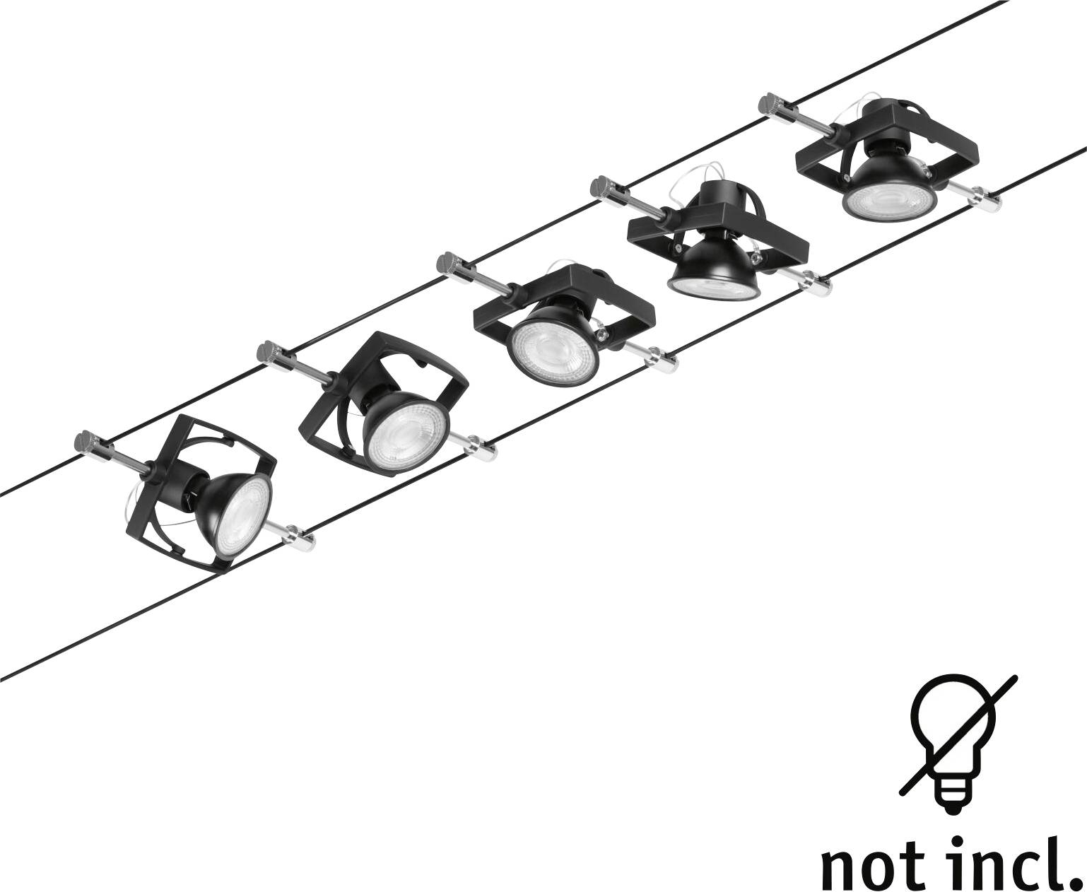 Fünf schwarze Strahler an einer Kabel-Lichtschiene. Glühbirne nicht im Lieferumfang enthalten, symbolisiert durch Icon rechts unten.