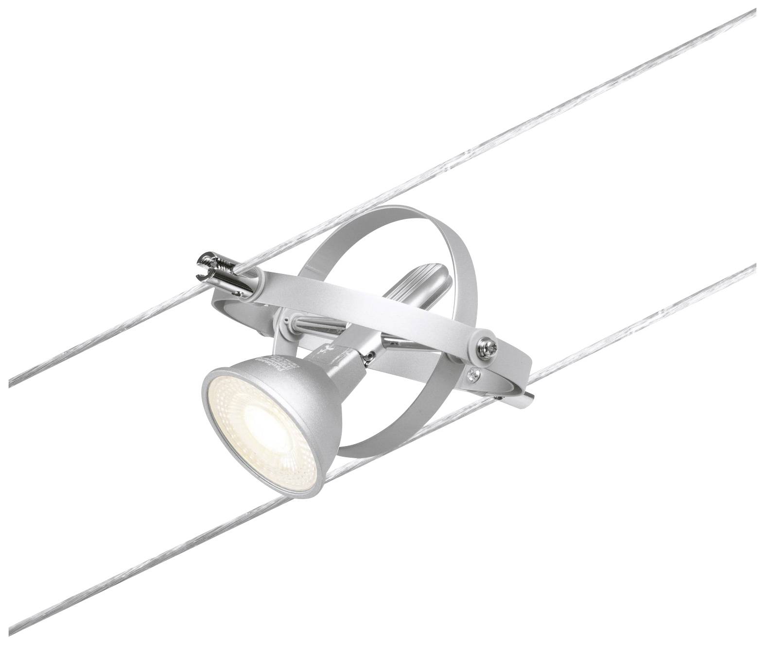 Hängelampe an einem Seilsystem mit rundem, metallischem Gehäuse und leuchtendem Spotlicht, geeignet für moderne Innenbeleuchtung.