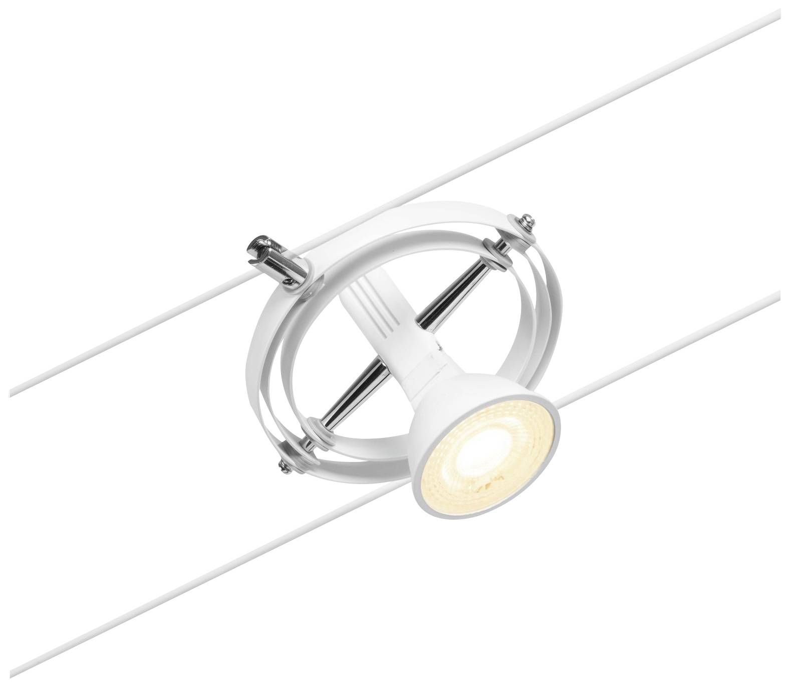 Eine weiße LED-Schienenleuchte ist an zwei parallelen Metallstangen montiert. Die Leuchte ist rund und strahlt nach unten.