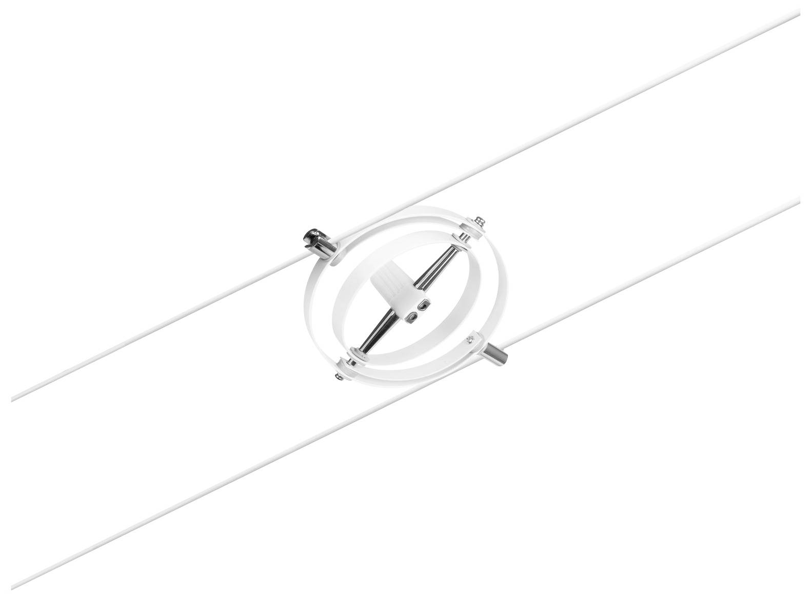 Eine weiße Yagi-Antenne mit Metallteilen und einem runden Element in der Mitte, diagonal orientiert auf weißem Hintergrund.