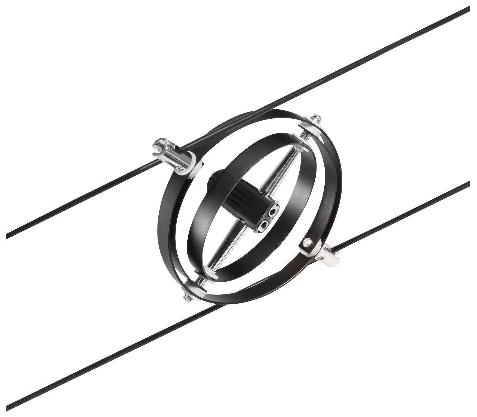 Eine kreisförmige Antenne mit zentrischer Halterung auf zwei parallelen Drähten. Sie dient zur Signalübertragung und -empfang.