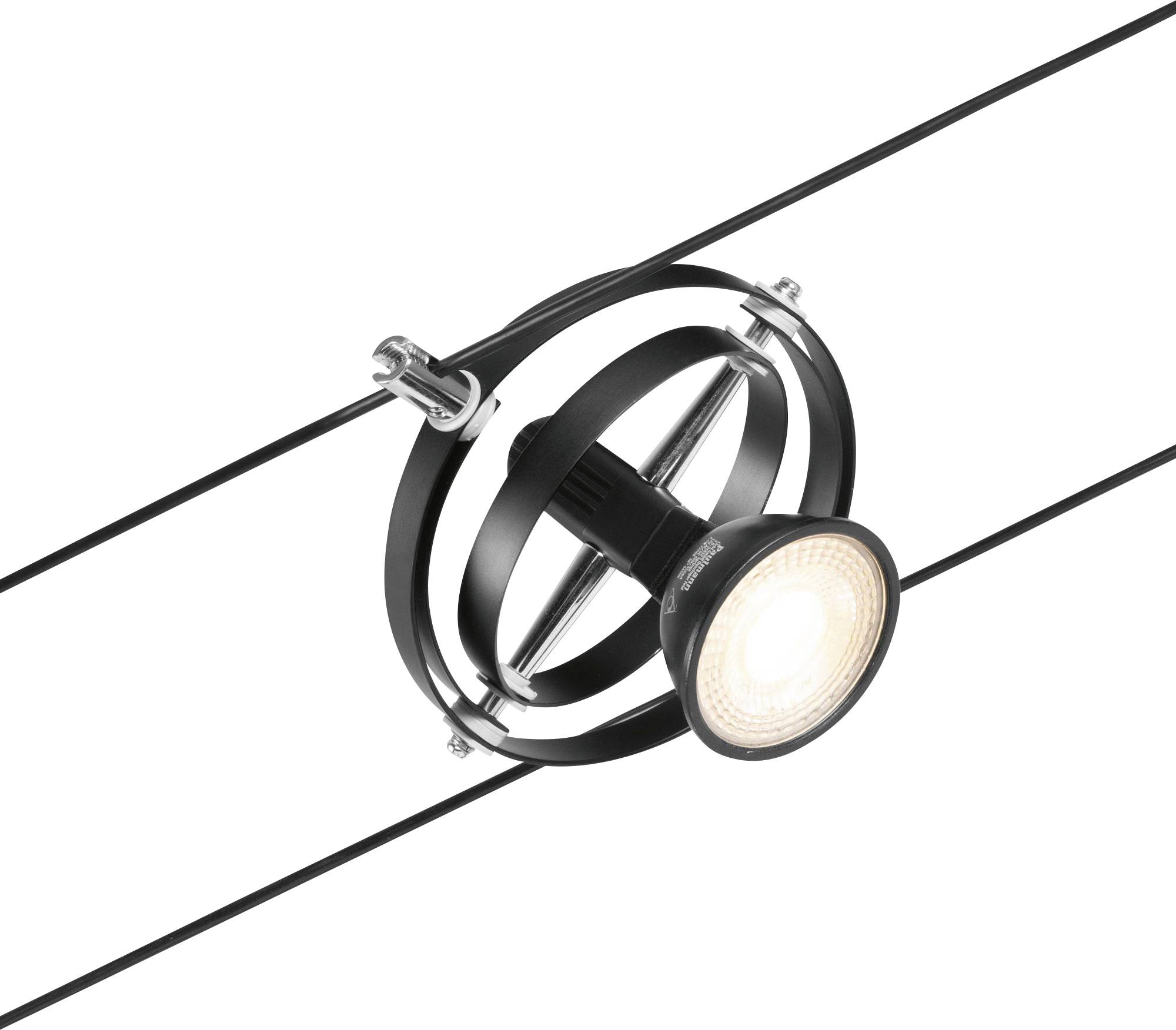 Eine schwarze Hängeleuchte mit rundem Gehäuse und sichtbarem Leuchtmittel, montiert an zwei parallel verlaufenden Kabeln.