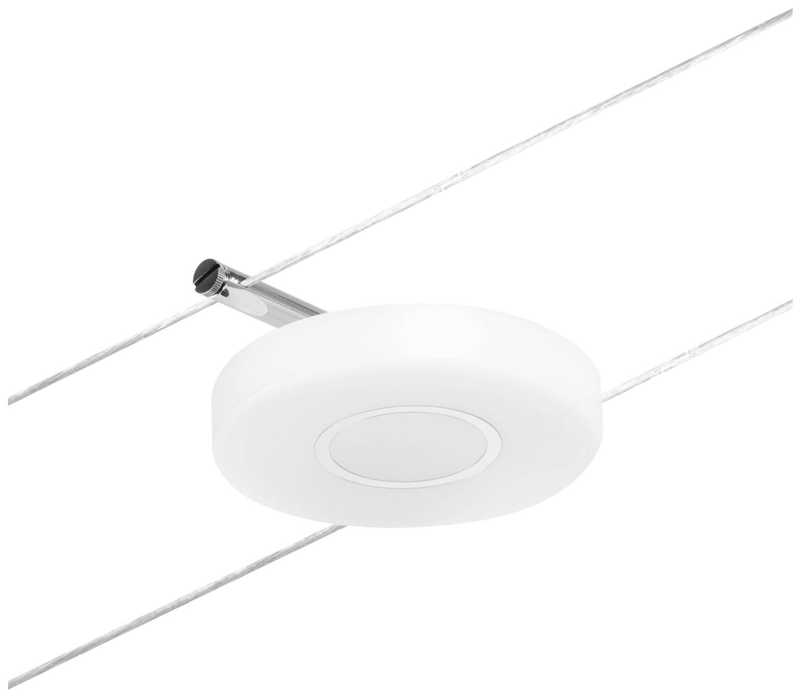 Ein rundes, weißes Deckenlicht mit modernem Design, montiert an zwei Spannseilen. Ideal für moderne Innenräume.