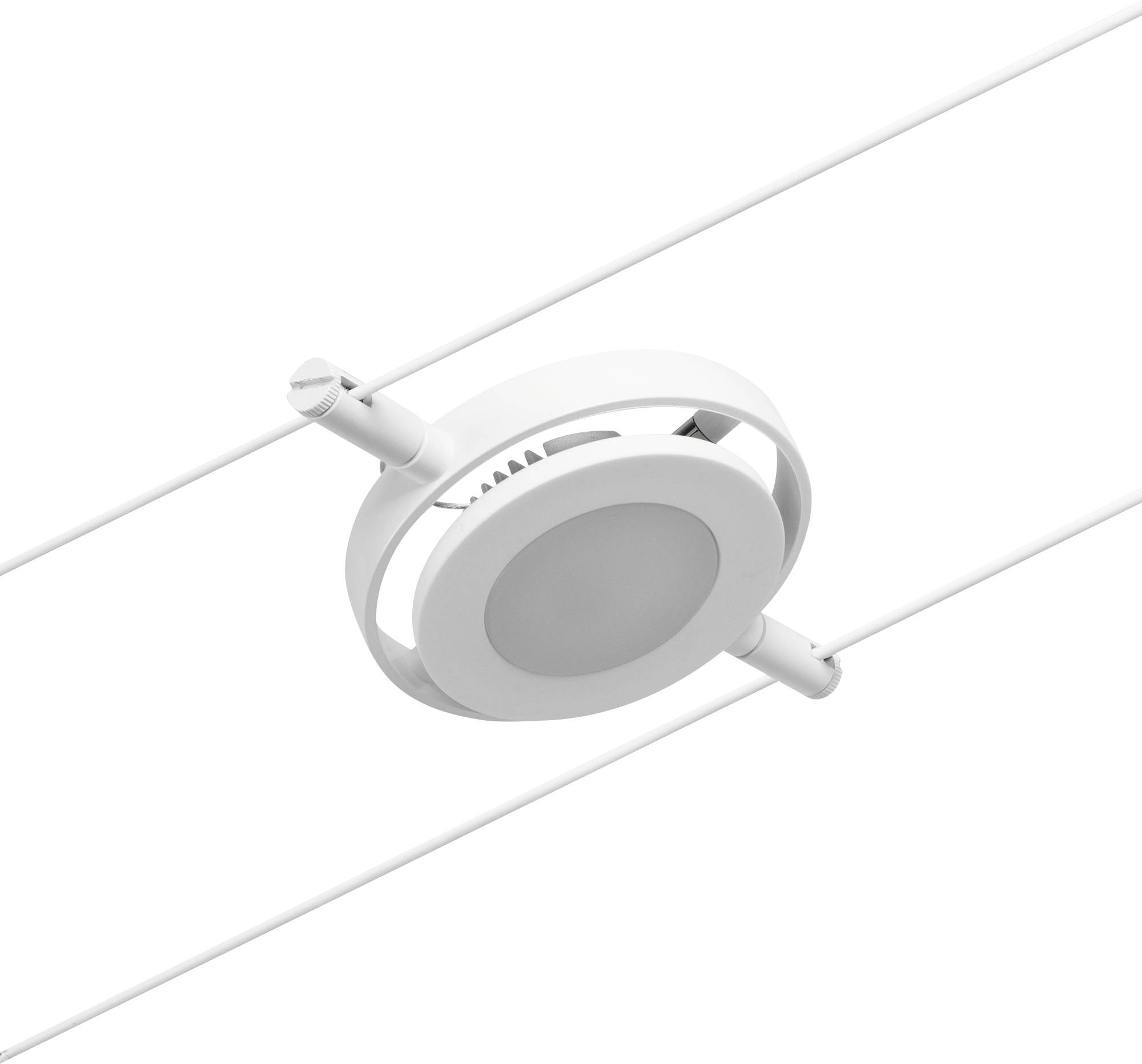 Ein weißer LED-Spotstrahler ist in ein Seilsystem integriert und hängt schwebend an zwei parallel gespannten Kabeln.