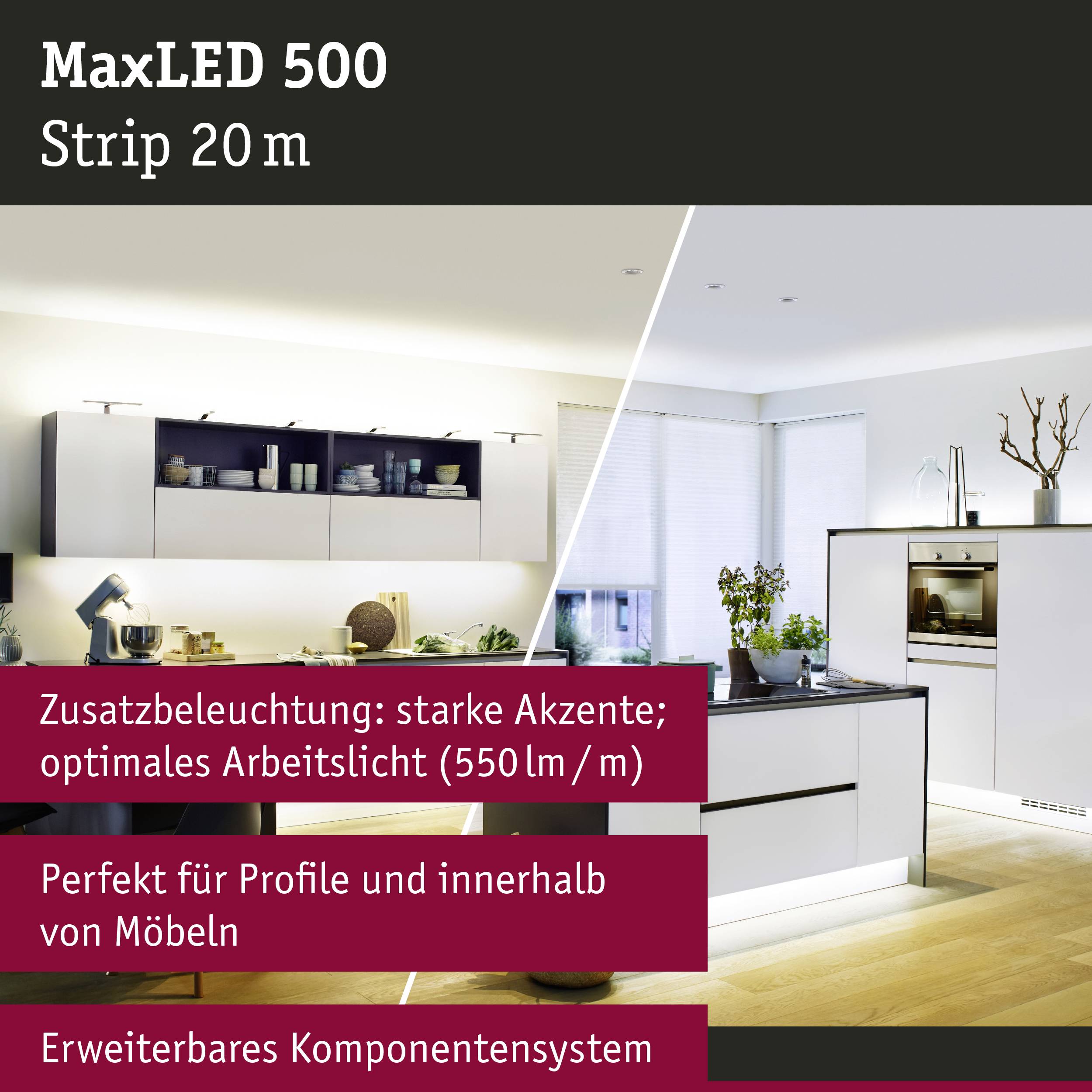 MaxLED 500 Beleuchtung in moderner Küche mit Akzent- und Arbeitslicht (550 lm/m). Perfekt für Möbel. Erweiterbares System.