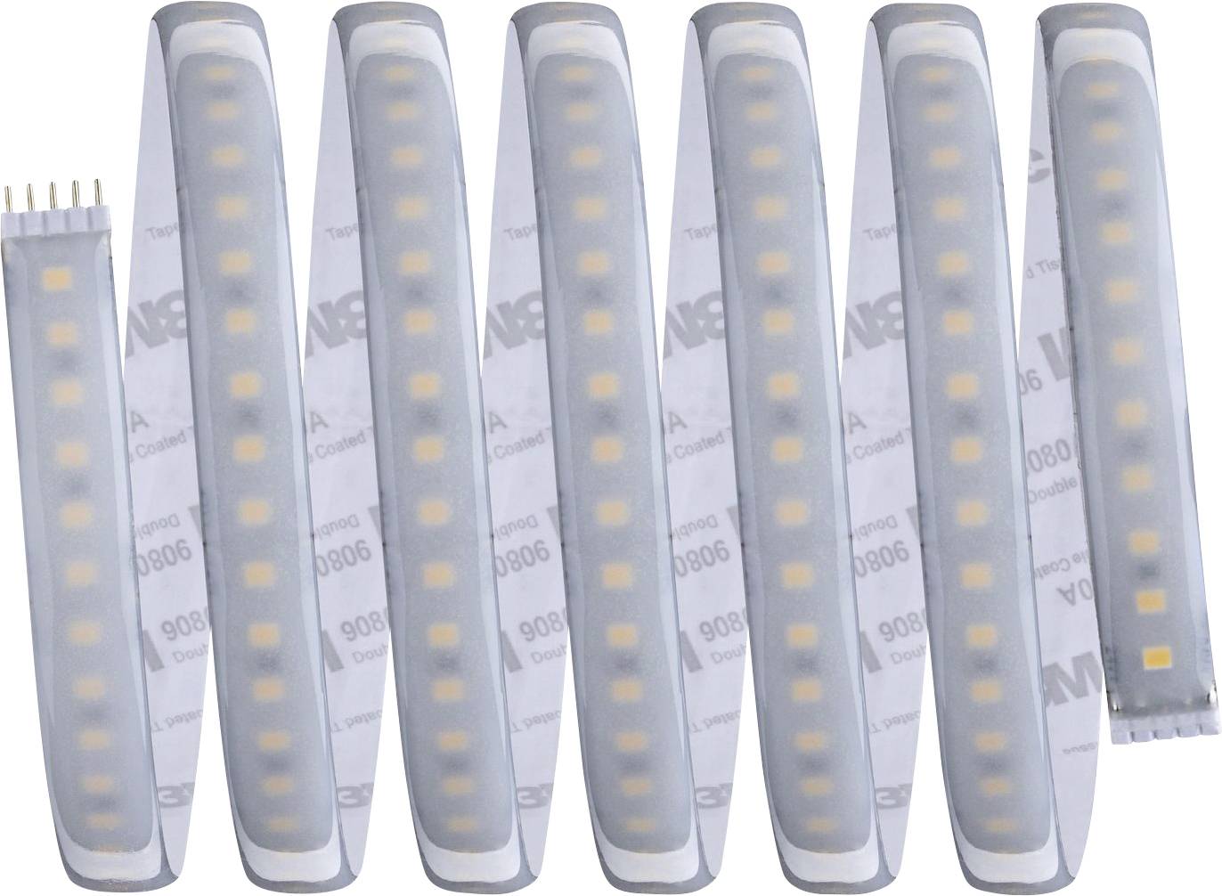 Mehrere gebogene LED-Streifen mit gelben Dioden in transparenten Hüllen nebeneinander.