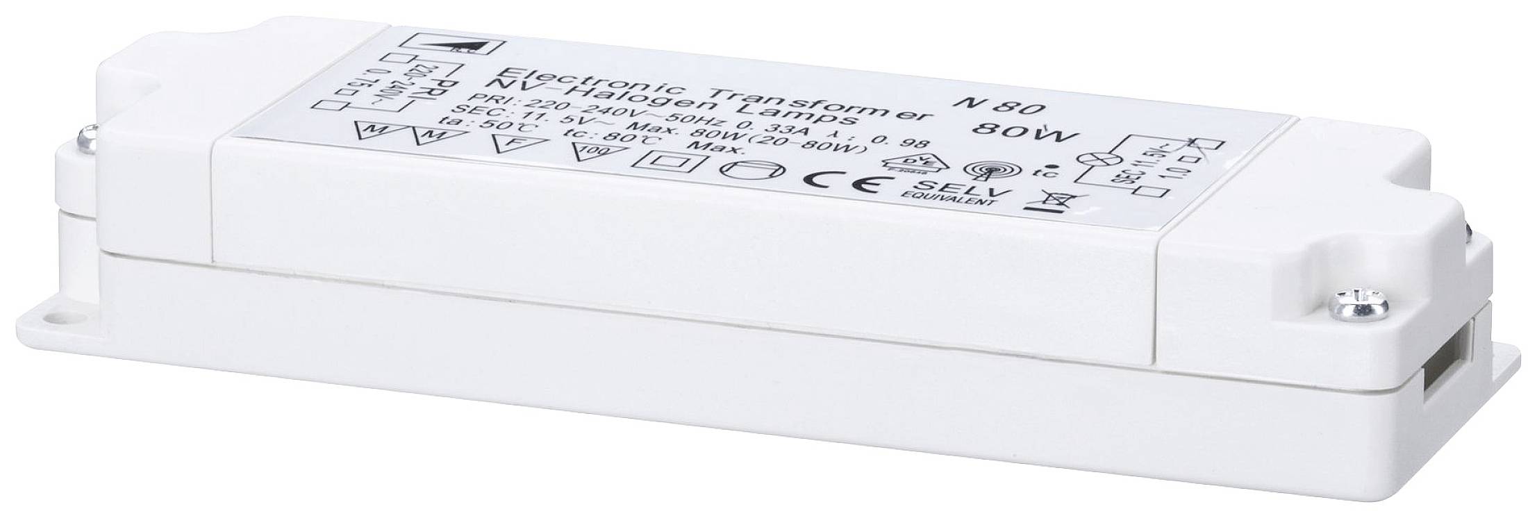 Ein weißer elektrischer Transformator mit Beschriftungen und Herstellerinformationen auf der Oberseite. Geeignet für 80 Watt.