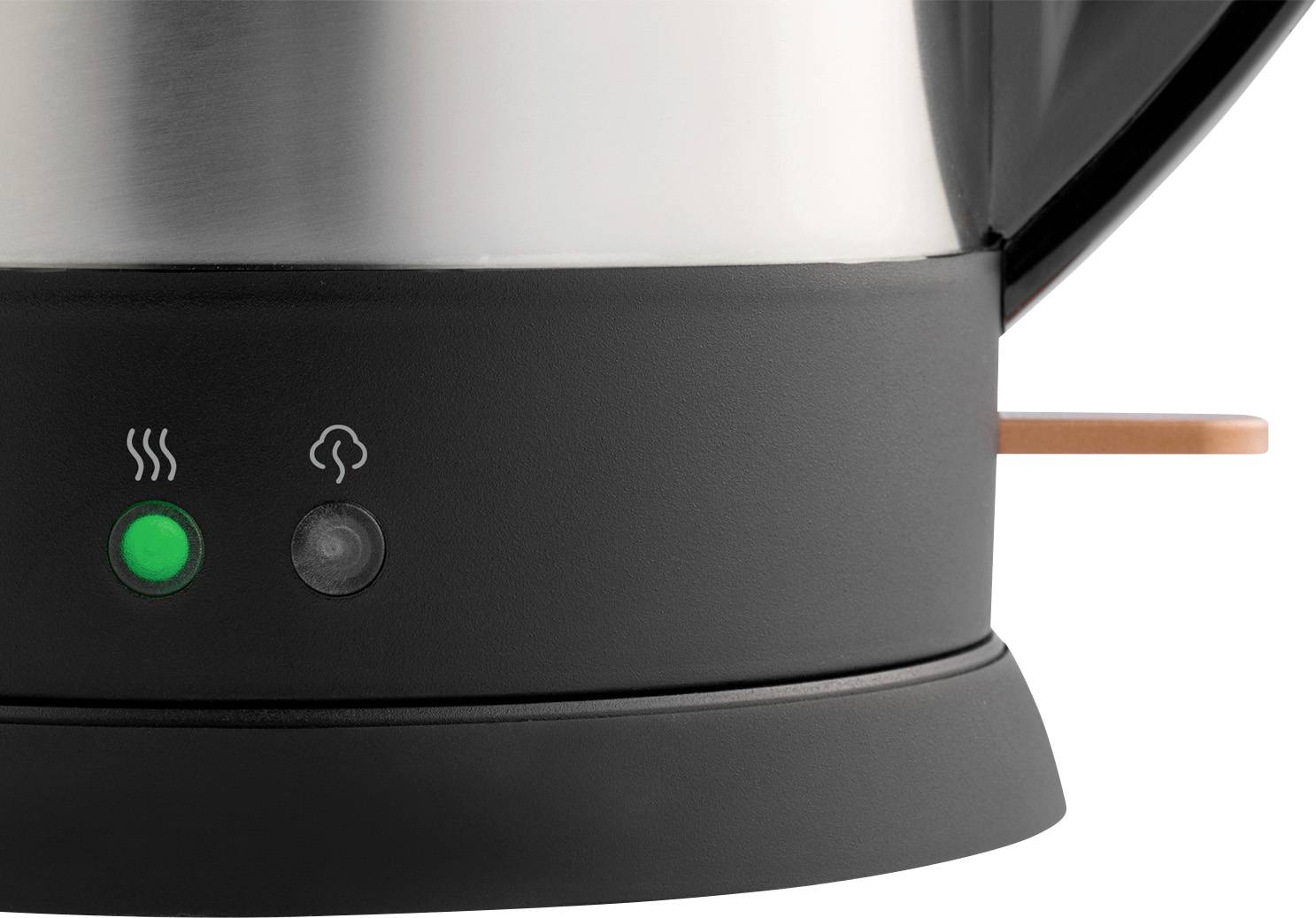 Nahaufnahme eines Wasserkochers mit zwei Leuchten; eine grün mit einem Dampf-Symbol, die andere grau mit einem Tropfen-Symbol.