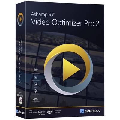 Verpackung von 'Ashampoo Video Optimizer Pro 2' mit einem großen gelben Play-Symbol. Software zur Videobearbeitung und -optimierung.