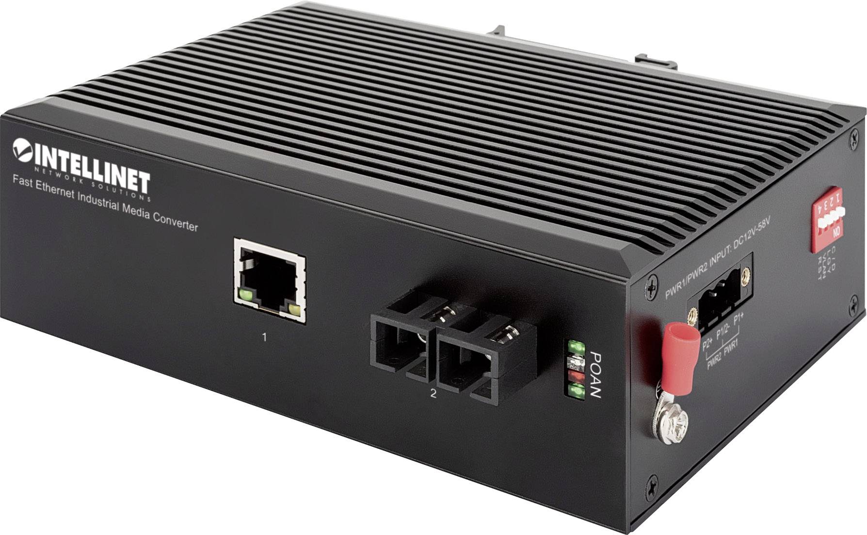 Ein schwarzer Fast Ethernet Industrial Media Converter mit Ethernet-Port und Glasfaseranschlüssen für industrielle Netzwerkanwendungen.