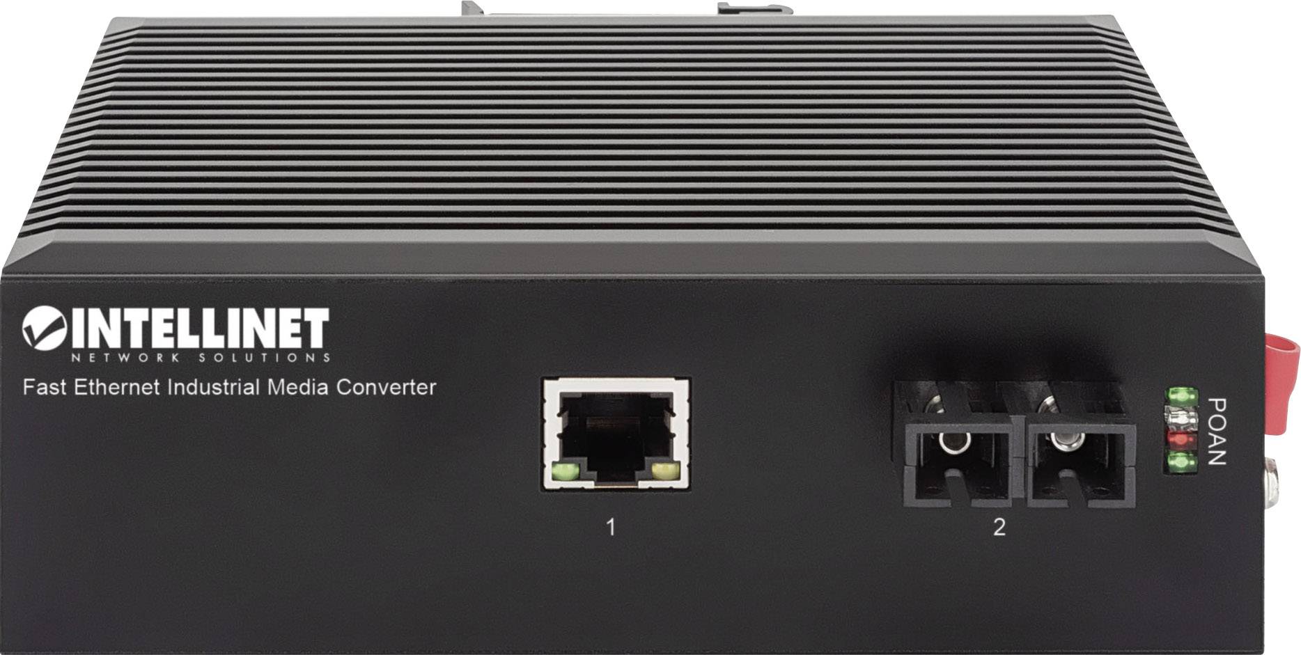 Ein industrieller Fast Ethernet Medienkonverter mit zwei Glasfaseranschlüssen und einem Ethernet-Anschluss, Marke 'Intellinet'.