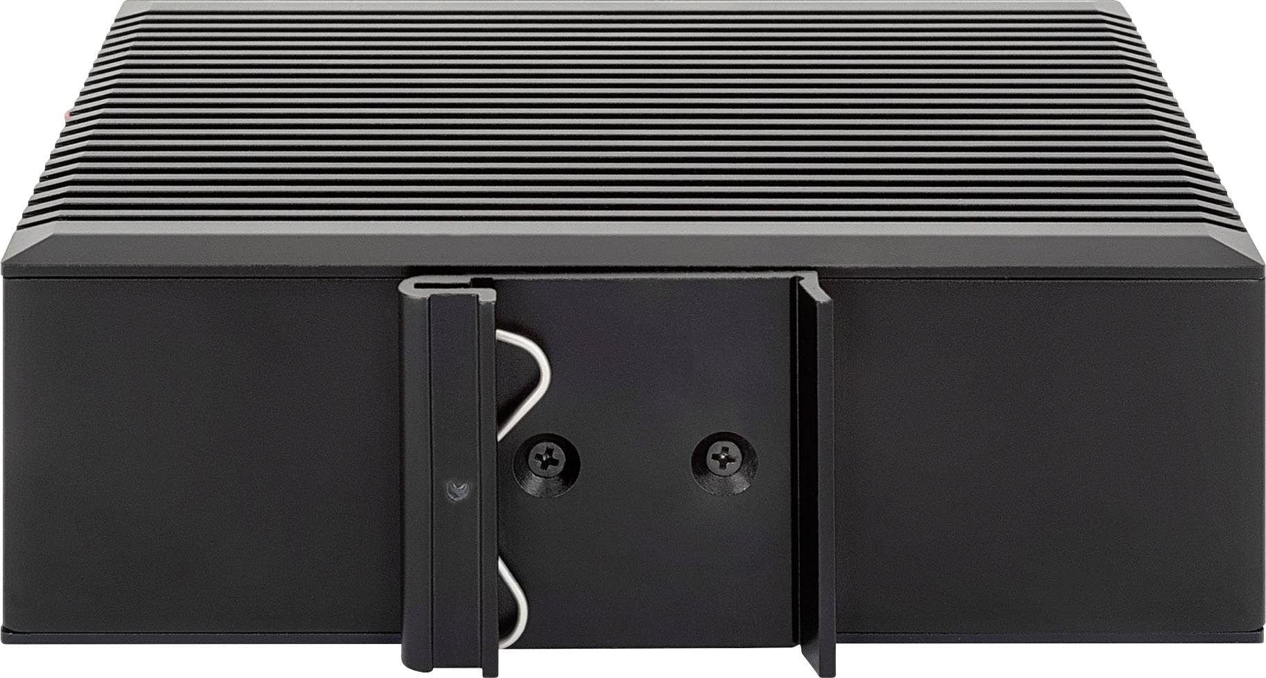 Schwarzes, rechteckiges elektrisches Gerät mit gerippter Oberfläche zur Verbesserung der Kühlung, Vorderansicht.