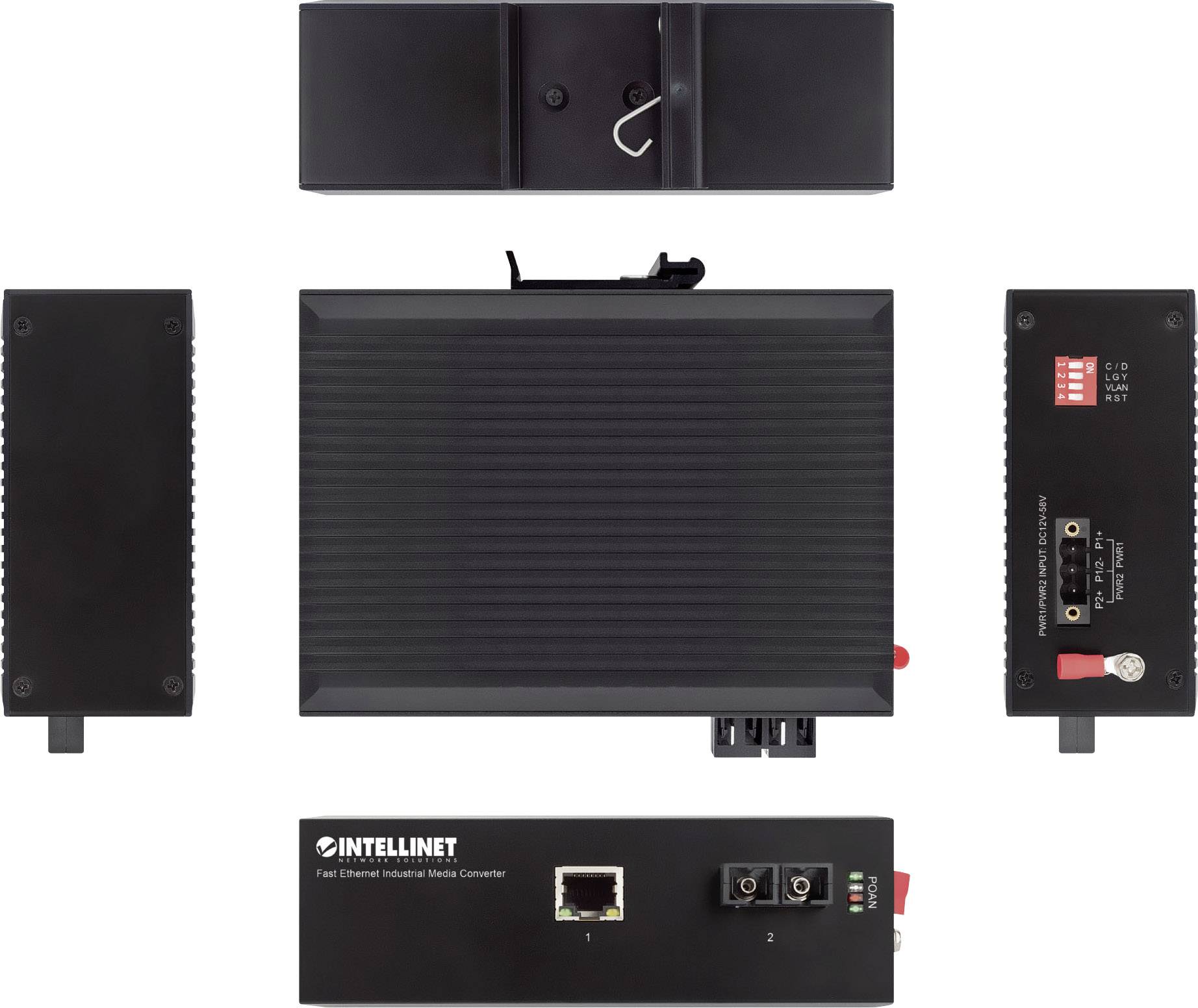 Industrieller Ethernet-Netzwerk-Controller von Intellinet mit mehreren Anschlussmöglichkeiten und Bedienungselementen.