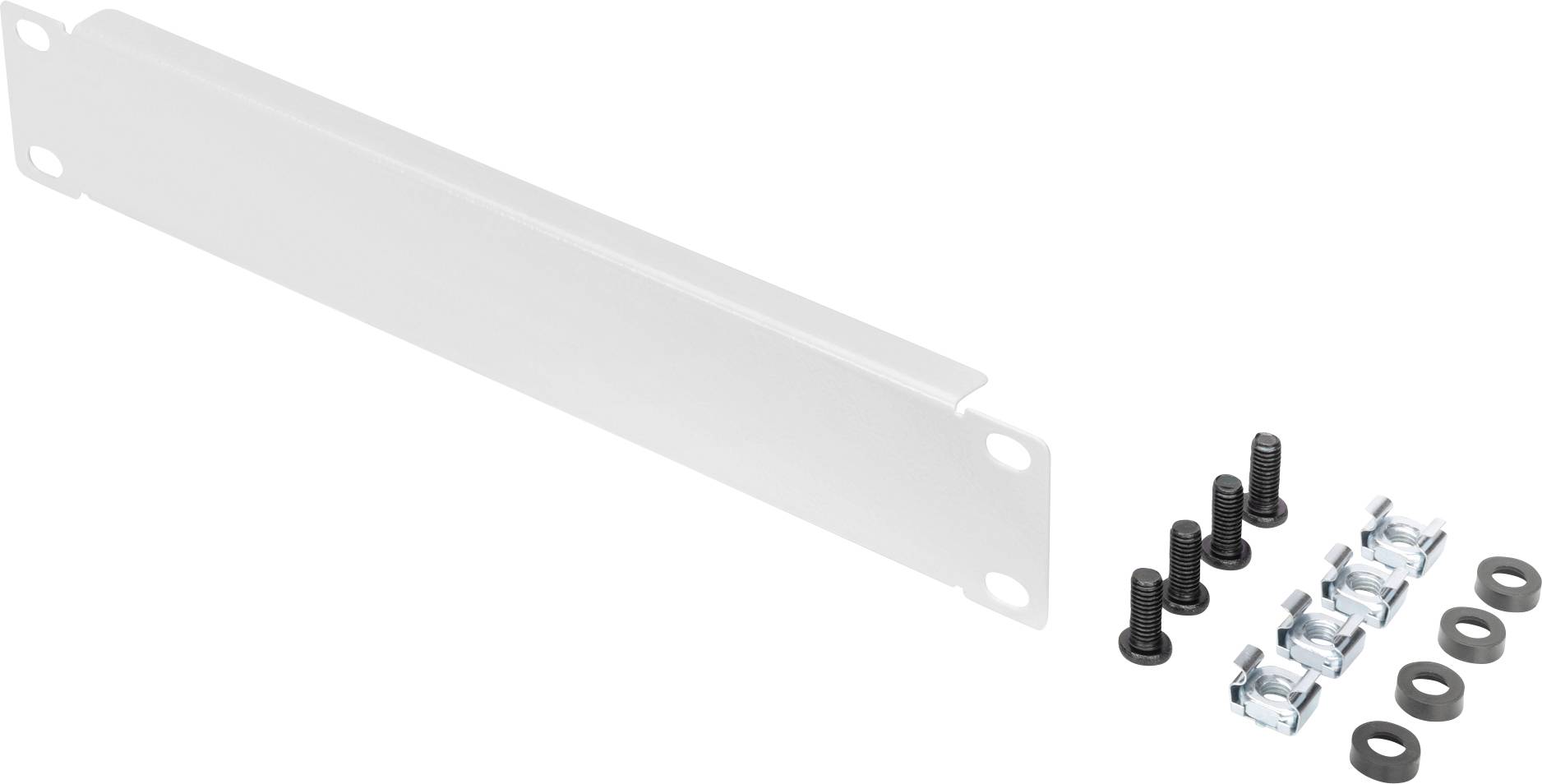 Montagekit bestehend aus einer grauen Metallabdeckung, vier schwarzen Schrauben, vier Muttern und vier Unterlegscheiben, alle auf weißem Hintergrund.