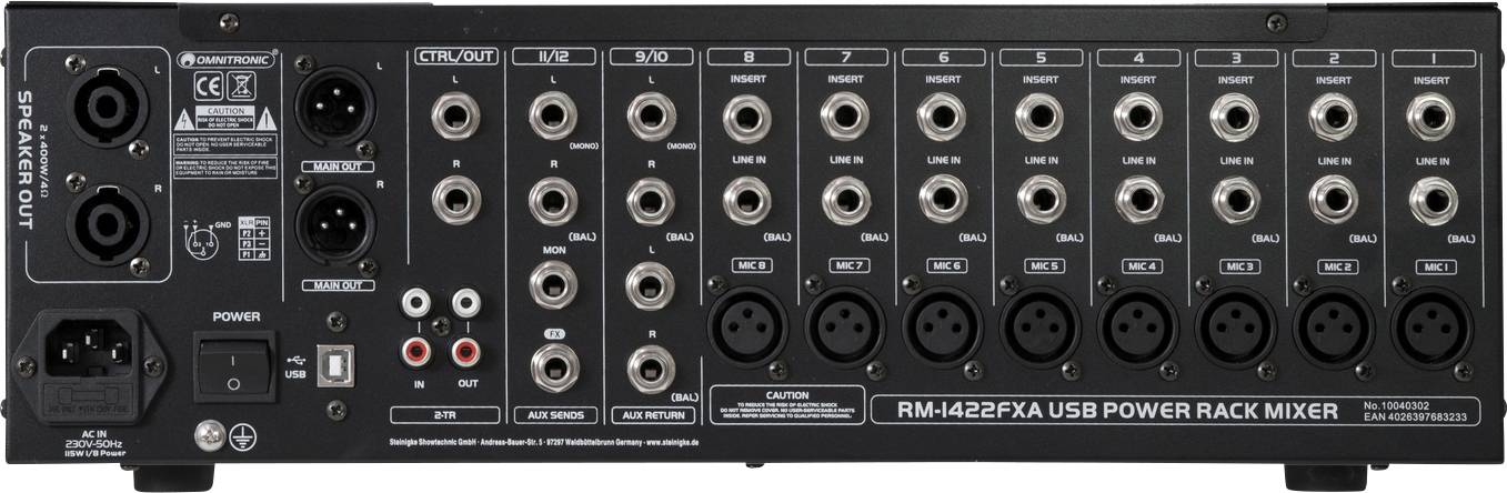 Rückseite eines Audiomixers mit verschiedenen Audioeingängen und -ausgängen, USB-Anschluss und Stromanschluss. Modell: RM-442FXA.