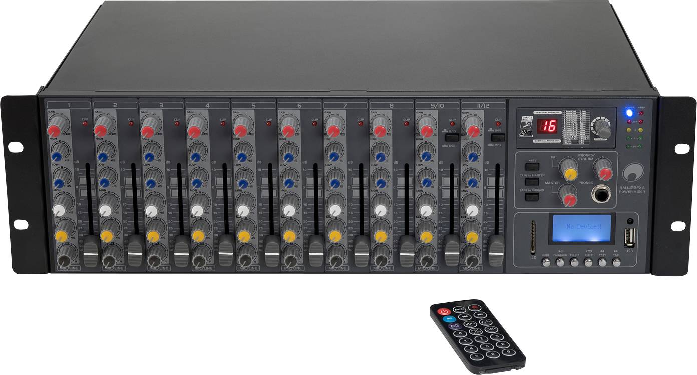 Ein Audiosystem mit 16 Kanälen, verschiedenen Reglern und Anzeigen. Eine Fernbedienung liegt daneben.