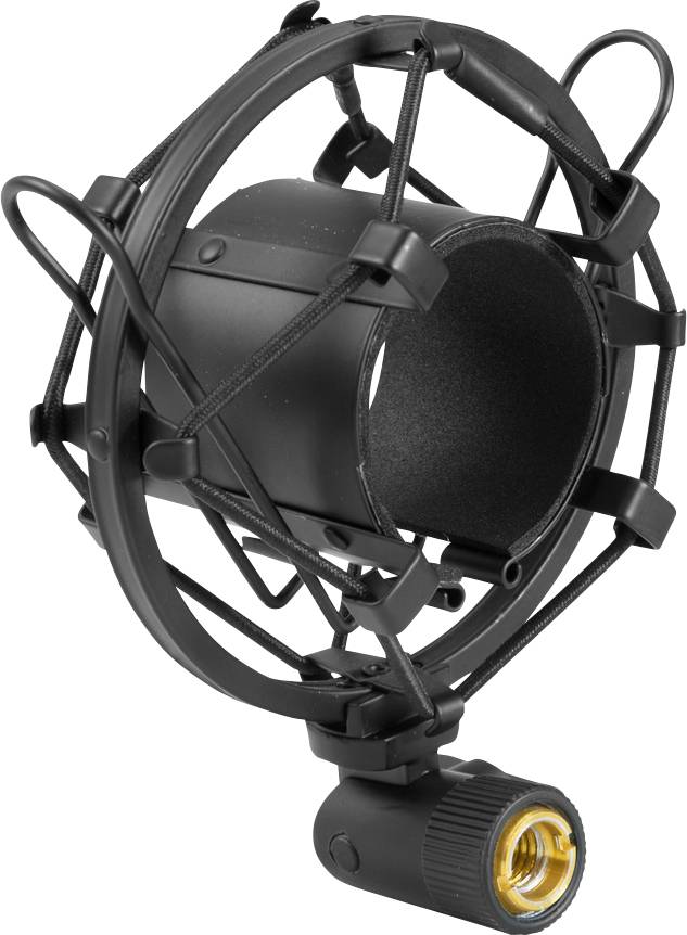 Ein schwarzer Mikrofonhalter mit elastischen Bändern, die Schwingungen dämpfen. 