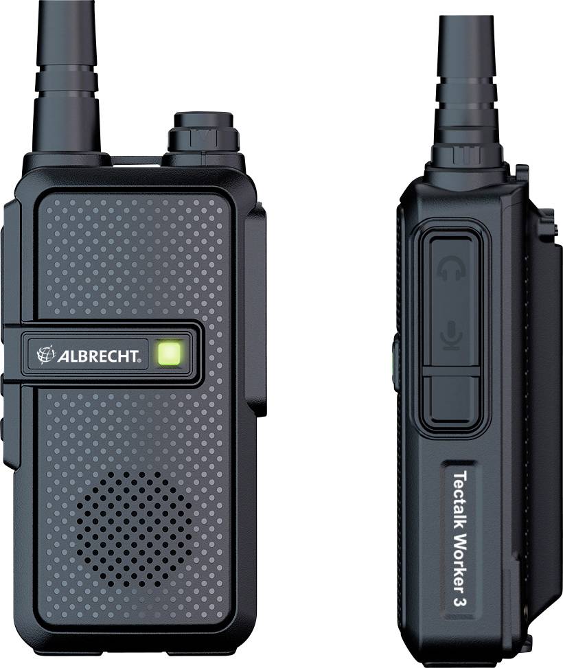 Zwei schwarze Walkie-Talkies mit dem Etikett 'Albrecht' und 'Techtalk Worker 3', einer hat ein leuchtendes grünes Licht.
