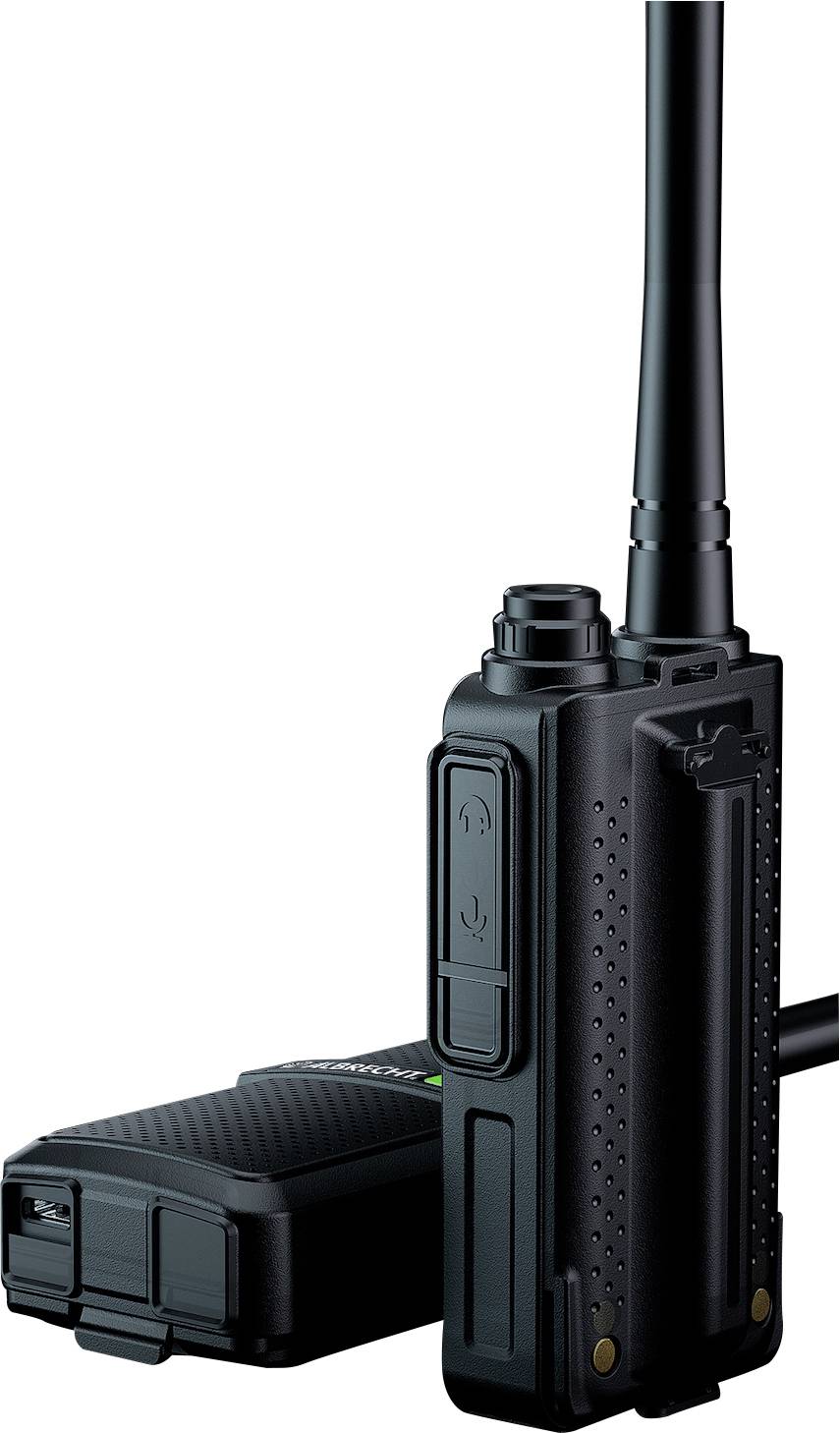Ein schwarzes Walkie-Talkie mit langer Antenne, teilweise verdeckt. Es steht vertikal auf der rechten Seite, mit sichtbaren Knöpfen und Anschlüssen.