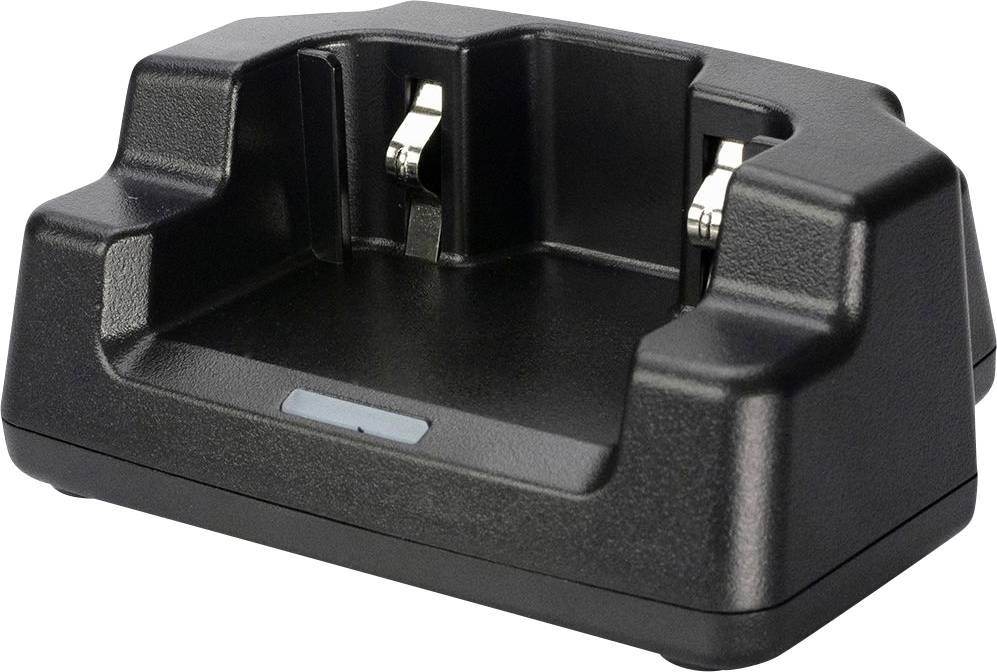 Ein schwarzes Ladegerät für Mobilgeräte mit zwei Metallkontakten in einer Vertiefung, geeignet für den gleichzeitigen Anschluss mehrerer Geräte.