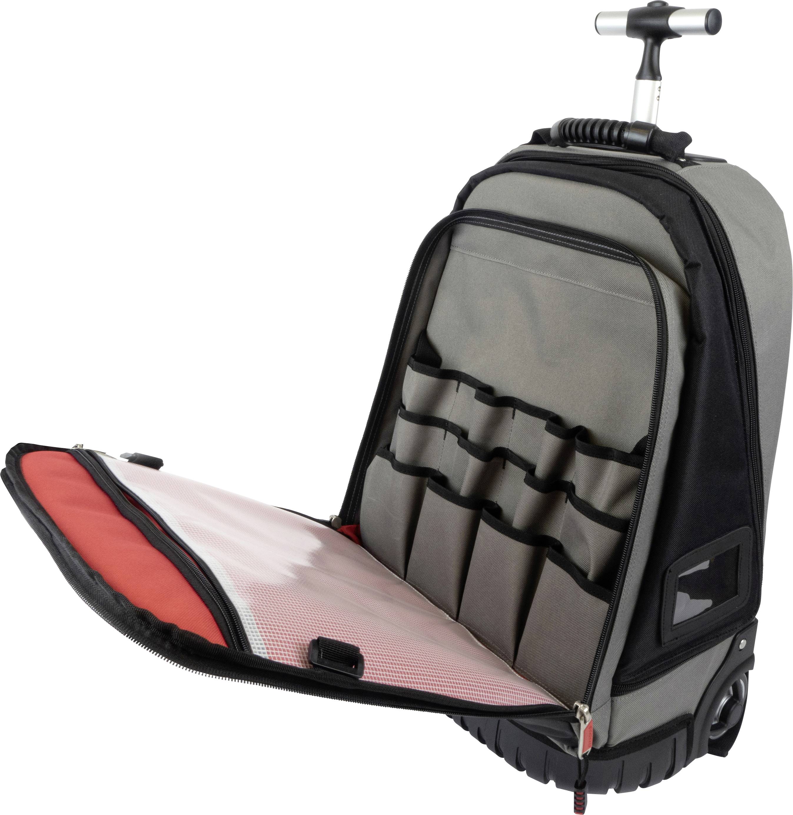 Ein geöffneter, grauer Rollkoffer mit mehreren Innentaschen, ideal für die organisierte Aufbewahrung von Gegenständen auf Reisen.