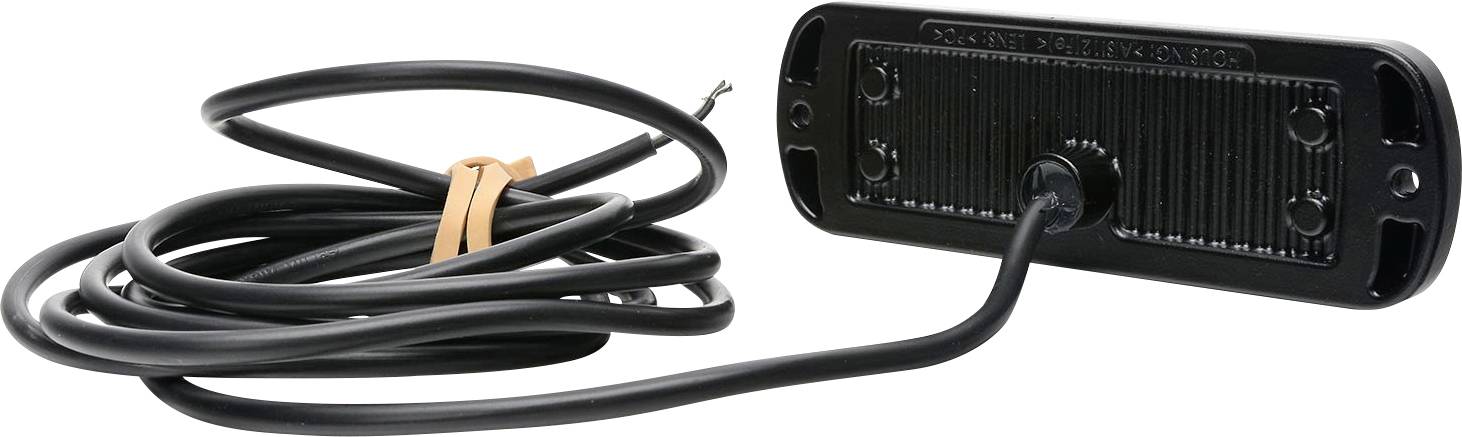 Ein schwarzes, rechteckiges elektronisches Gerät mit einem langen Kabel und einer Kabelklemme; möglicherweise ein Autoteil.