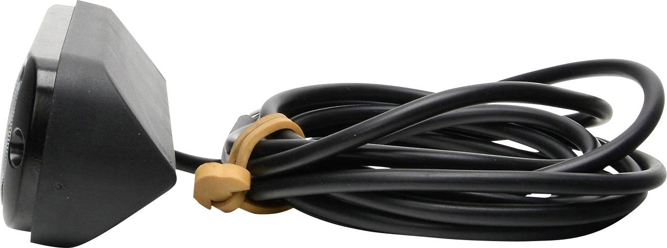 Schwarzer kabelgebundener Sensor mit orangefarbener Kabelbefestigung, seitlich fotografiert.