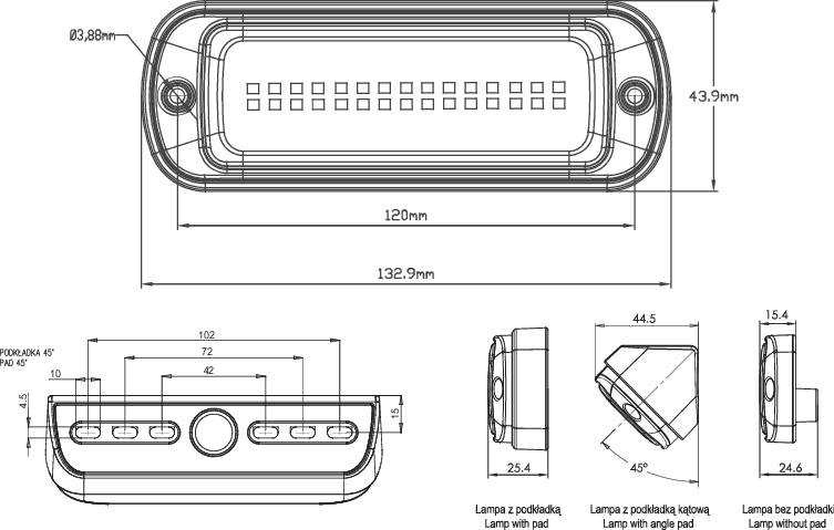 Technische Zeichnung einer rechteckigen LED-Leuchte mit detaillierten Maßen und Ansichten von vorne, oben und der Seite.