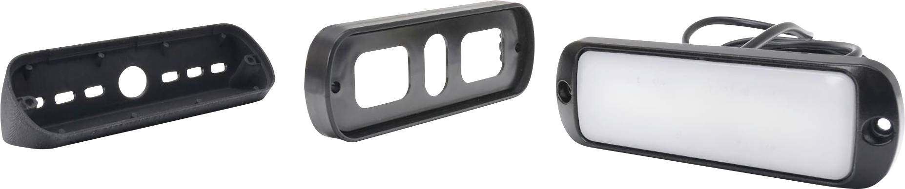 Dreiteiliges LED-Lichtset in schwarzem Gehäuse, bestehend aus Montagehalterungen und einem rechteckigen, beleuchteten Lichtpaneel.