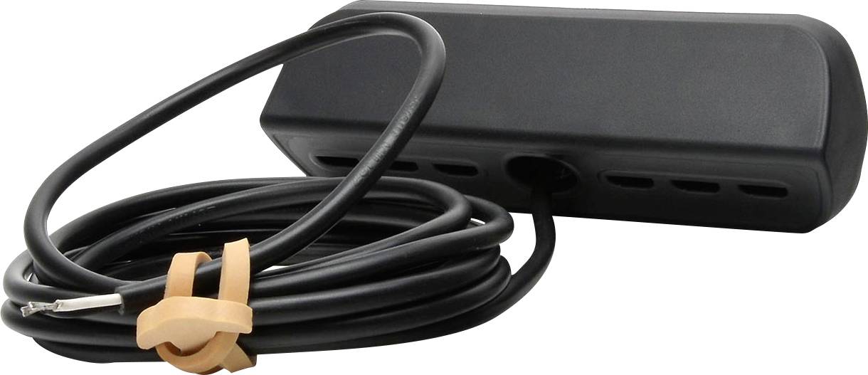 Ein schwarzer Elektrokabelverband mit einem rechteckigen Kunststoffteil und einem langen Kabel. Hauptsächlich für Anschlusszwecke verwendet.