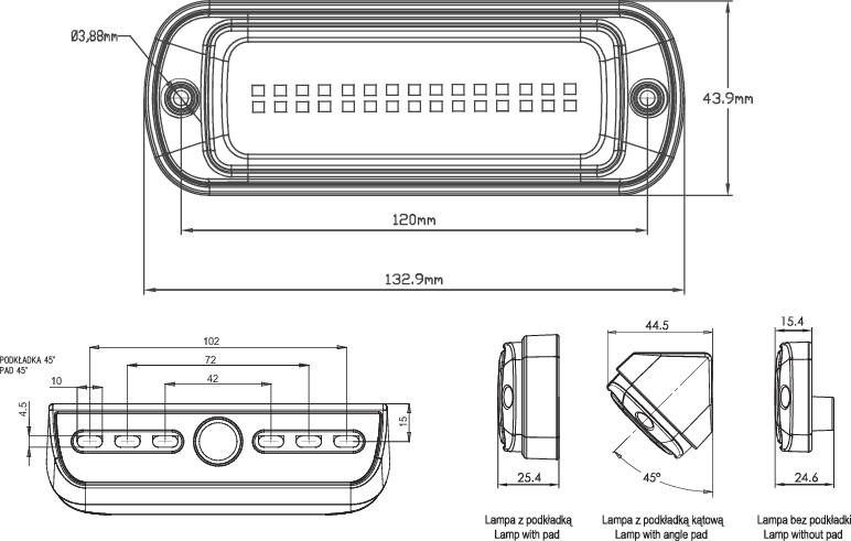 Technische Zeichnung eines rechteckigen Steckverbinders mit Maßen. Zeigt die Front- und Seitenansicht sowie die Position der Steckplätze.