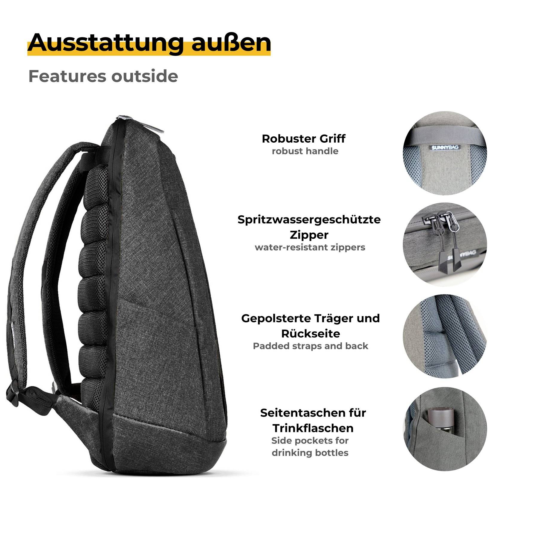 'Schwarzer Rucksack mit robustem Griff, spritzwassergeschütztem Reißverschluss, gepolsterten Trägern und Seitentaschen für Flaschen.'
