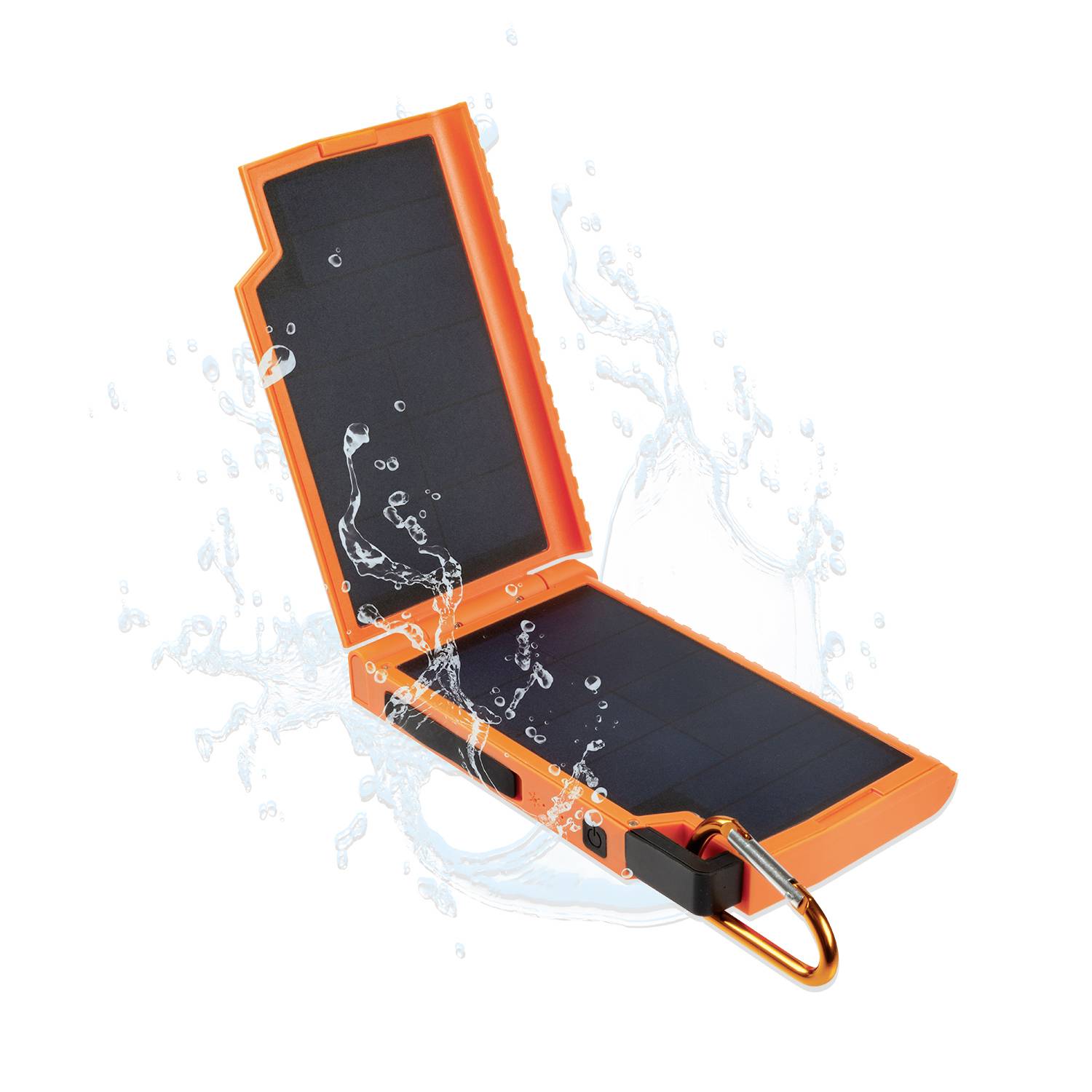 Wasserdichtes, orangefarbenes, aufklappbares Solarladegerät mit schwarzer Solarpanel-Oberfläche und Karabinerhaken.