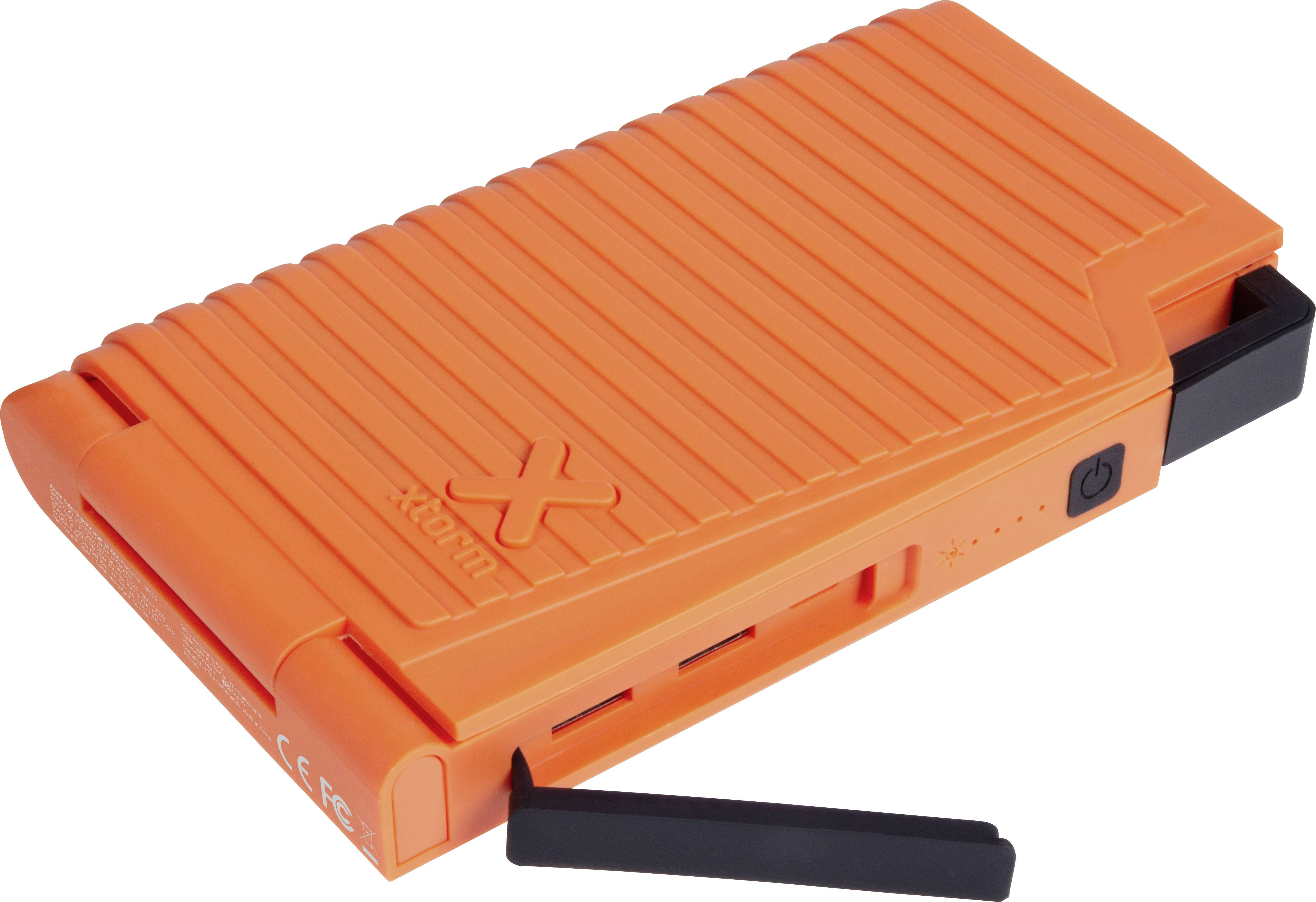 Externe Festplatte in leuchtendem Orange, robustes Design, kompakt mit Schutzabdeckung und USB-Anschlüssen an der Seite sichtbar.