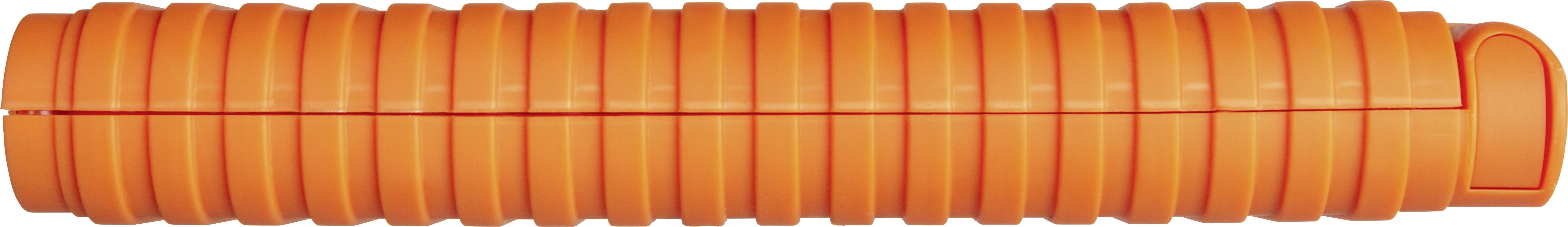 Ein orangefarbener Schaumstoffschaumstoffroller mit geripptem Design. Wird oft zur Muskelentspannung und Massage verwendet.