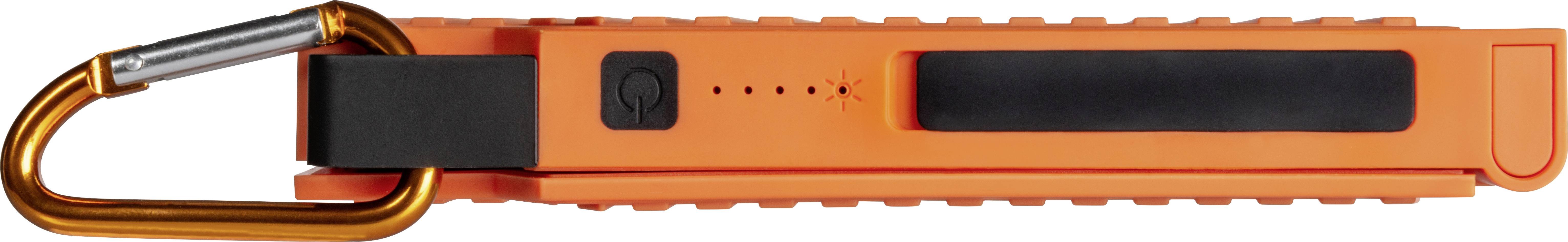 Oranger USB-Stick mit Karabinerhaken und schwarzem Gummiband, geeignet für Outdoor-Aktivitäten.