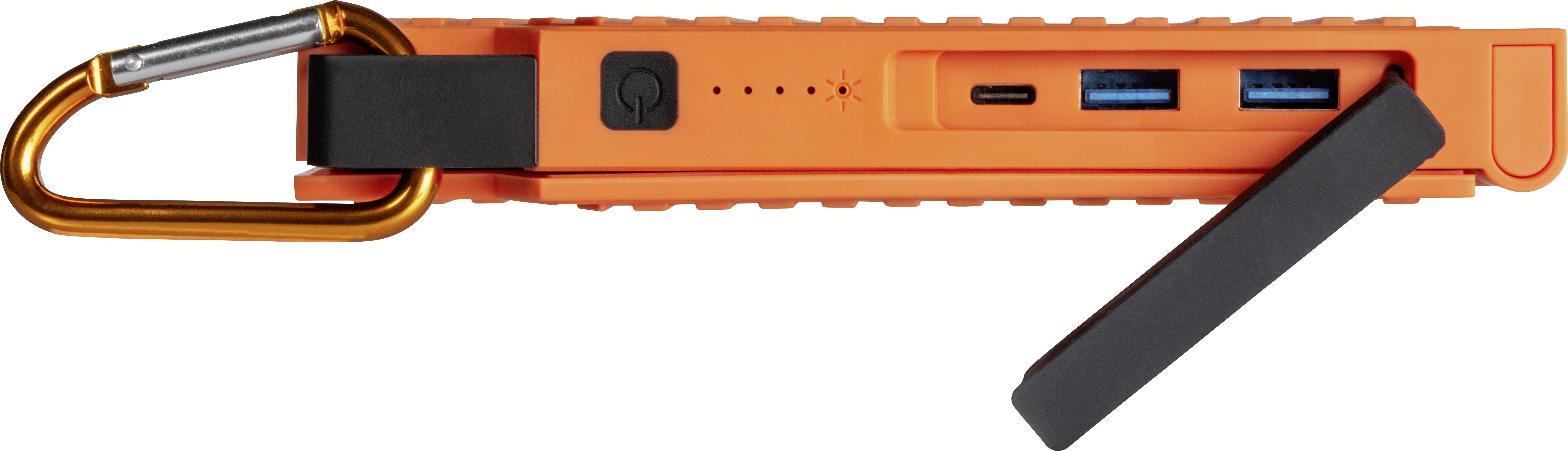 Orange Powerbank mit Karabiner, drei USB-Anschlüssen und Ladestandanzeige; tragbar und robust für Outdoor-Einsätze geeignet.