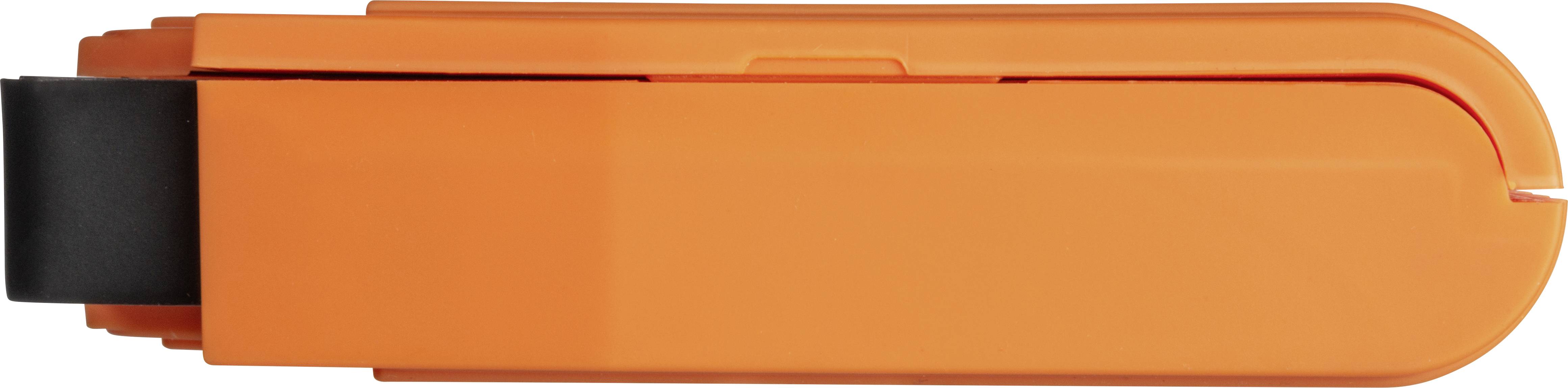 Ein oranger Tacker, von der Seite gesehen, mit schwarzem Griff. Hauptwerkzeug für das Heften von Papier.