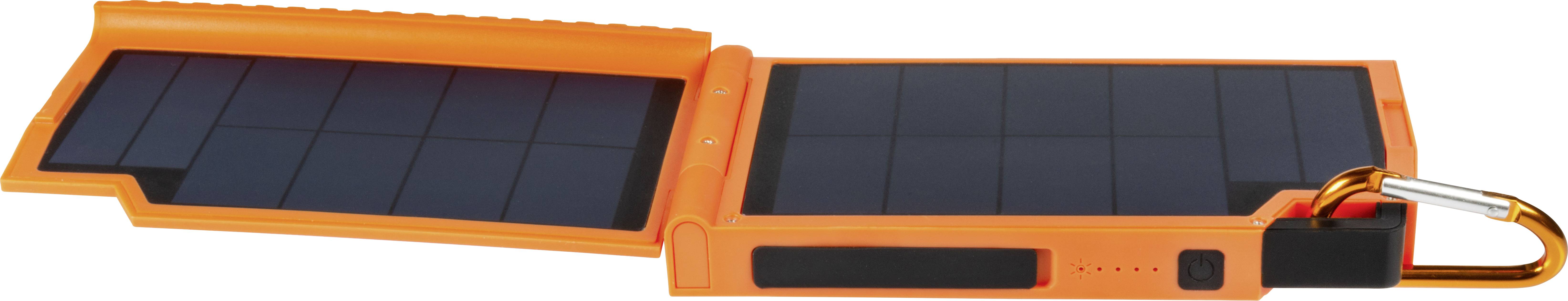 Orangefarbenes tragbares Solarpanel-Ladegerät, teilweise geöffnet, mit Karabinerhaken an einer Ecke.